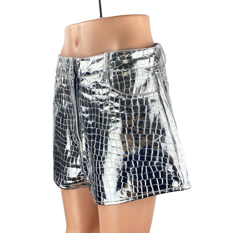 NEW Nasty Gal Women's Silver Metallic Croc Faux Leather High Rise Mom Shorts 8