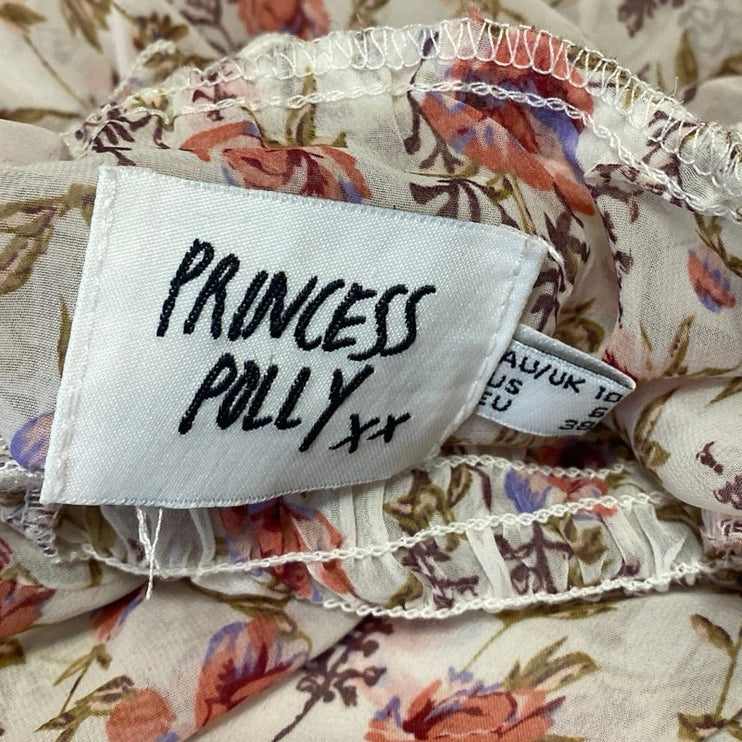 Princess Polly White Pink Floral Long Balloon Sleeve Tiered Mini A Line Dress 6