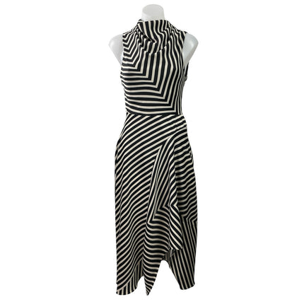 MNG Mango Black Striped Sleeveless High Cowl Neck Fit & Flare Midi Dress Size 2