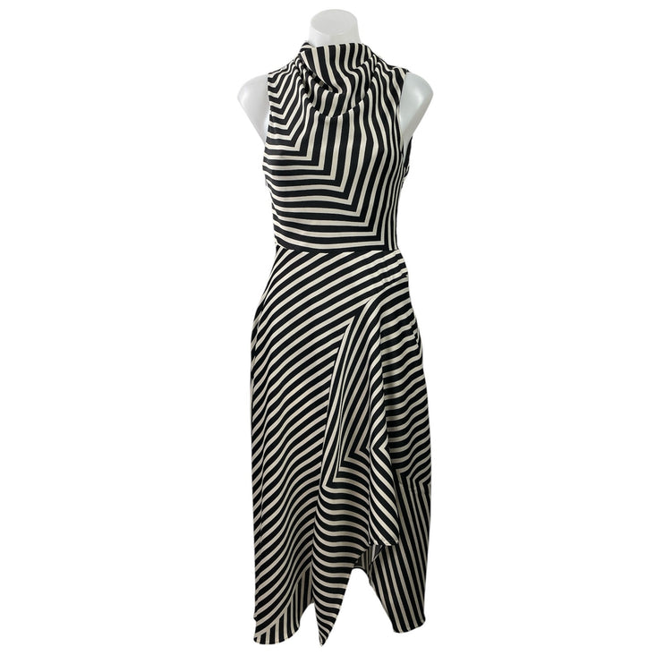 MNG Mango Black Striped Sleeveless High Cowl Neck Fit & Flare Midi Dress Size 2