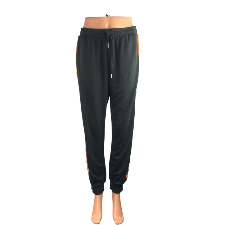 Women's Black Side Stripe Yoga Gym Athletic Activewear Jogger Trousers Pants L
