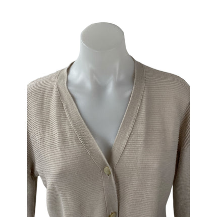 Theory Women's Beige Linen Knit Long Sleeve V Neck Button Up Cardigan Sweater M
