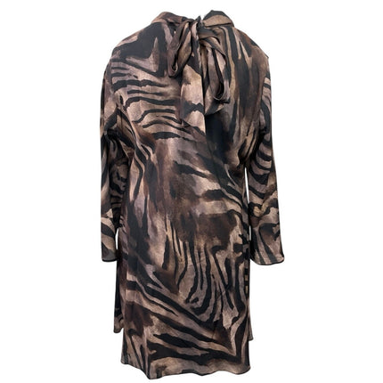 MNG Mango Brown Zebra Silk Satin Back Bow Long Sleeve A Line Mini Dress Size 16