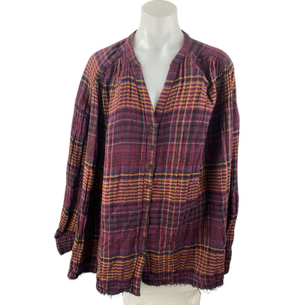 Free People Come On Over Plaid Loose Long Sleeve Button Up Tunic Shirt Top Sz M