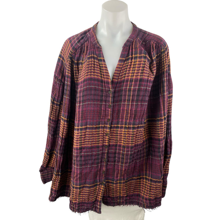 Free People Come On Over Plaid Loose Long Sleeve Button Up Tunic Shirt Top Sz M