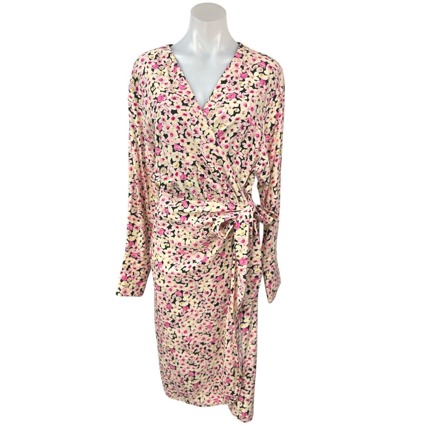 H M Cream Pink Floral V Neck Flowy Tie Waist Long Sleeve Midi Wrap Dress Size L