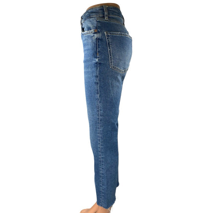 Zara The Dreed Flare Blue High Rise Medium Wash Raw Hem Crop Denim Jeans Size 4