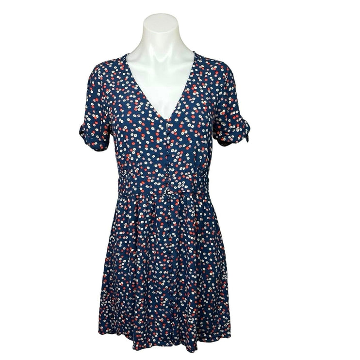 Madewell Women Navy Blue Daisy Floral Button Up Short Tie Sleeve Mini Dress Sz 4