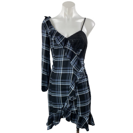 Likely Black Blue Plaid One Shoulder Lace Trim Ruffle Sheath Mini Dress Size 0