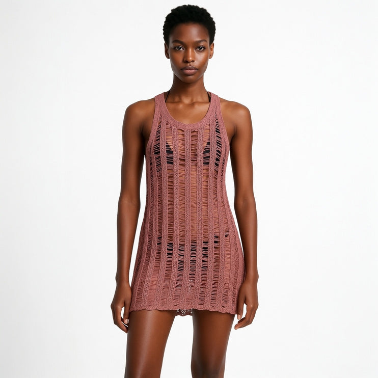 American Eagle Pink Crochet Sleeveless Mini Beach Coverup Tank Tunic Dress Sz M