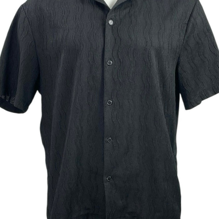 H&M Black Texture Weave Collared Short Sleeve Button Down Resort Shirt Top Sz L
