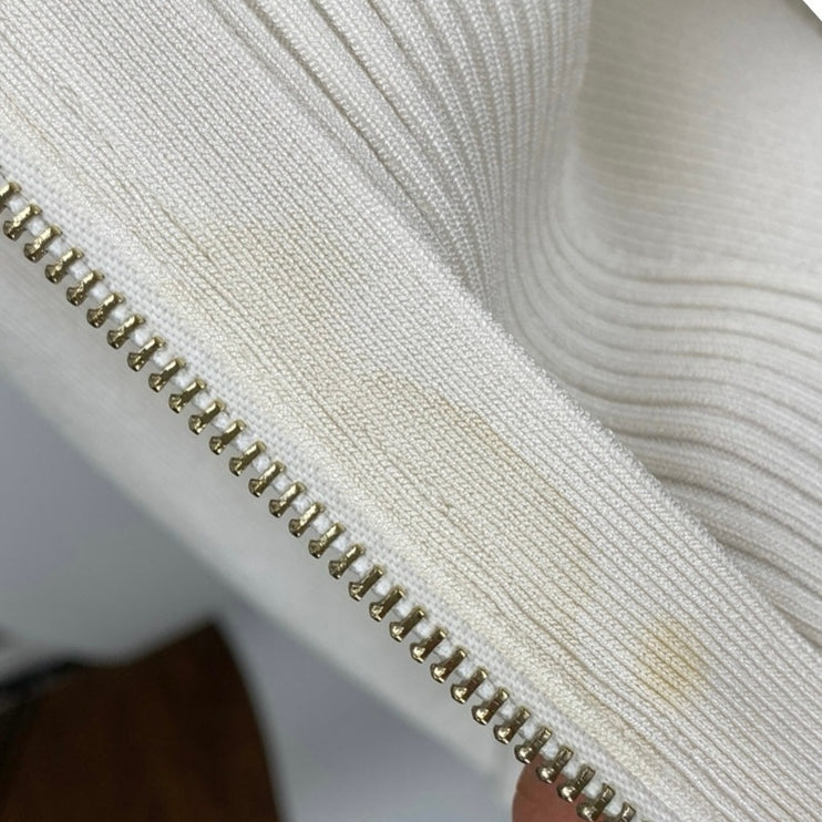 Guess Ivory Ribbed Knit Scoop Neck Long Sleeve Zip Peplum Cardigan Sweater Top M
