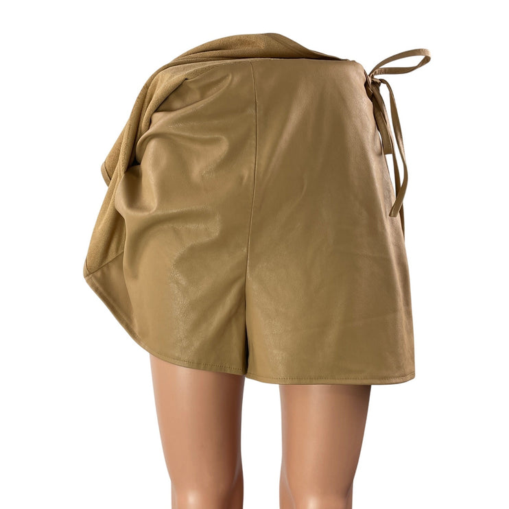 Zara Women's Tan Faux Leather Vegan High Waisted Tie Mini Short Skort Skirt M
