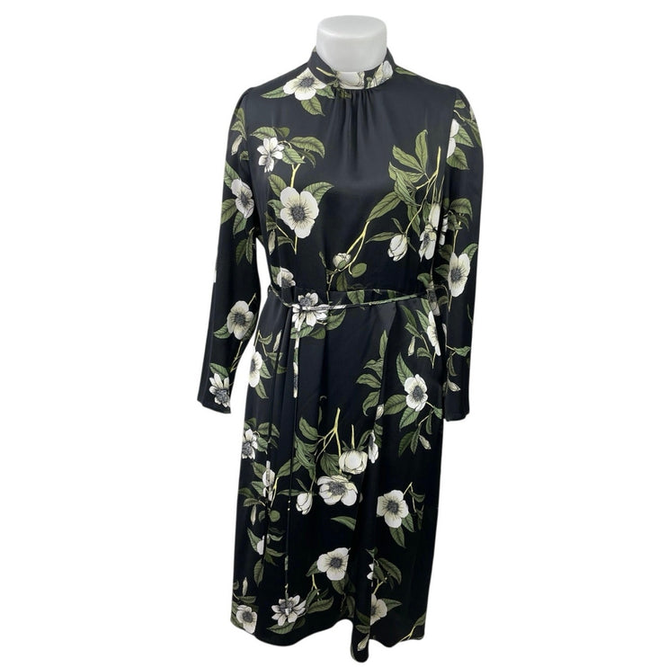 River Island Black Floral Long Sleeve Open Back Mock Neck Wrap A-Line Dress 18
