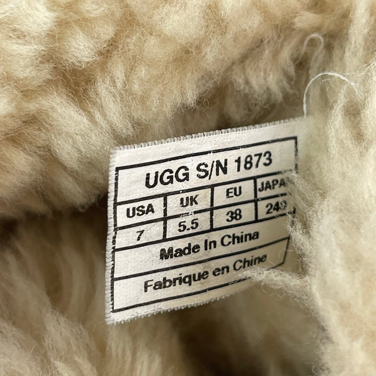 UGG Bailey Button Triplet II Brown Shearling Leather Mid Calf Snow Boots Size 7