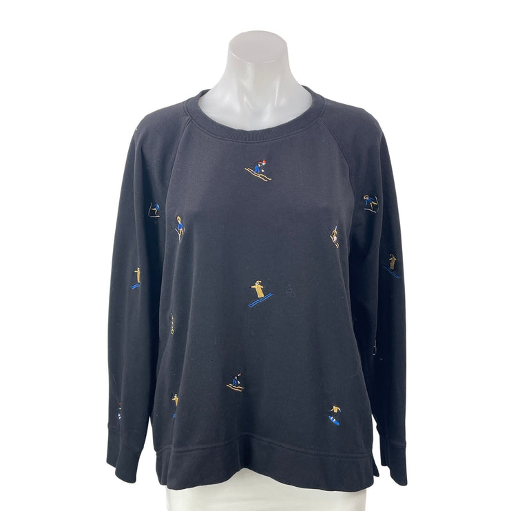 Lou & Gray LOFT Ski Terry Black Long Sleeves Embroidered Skier Sweatshirt Top M
