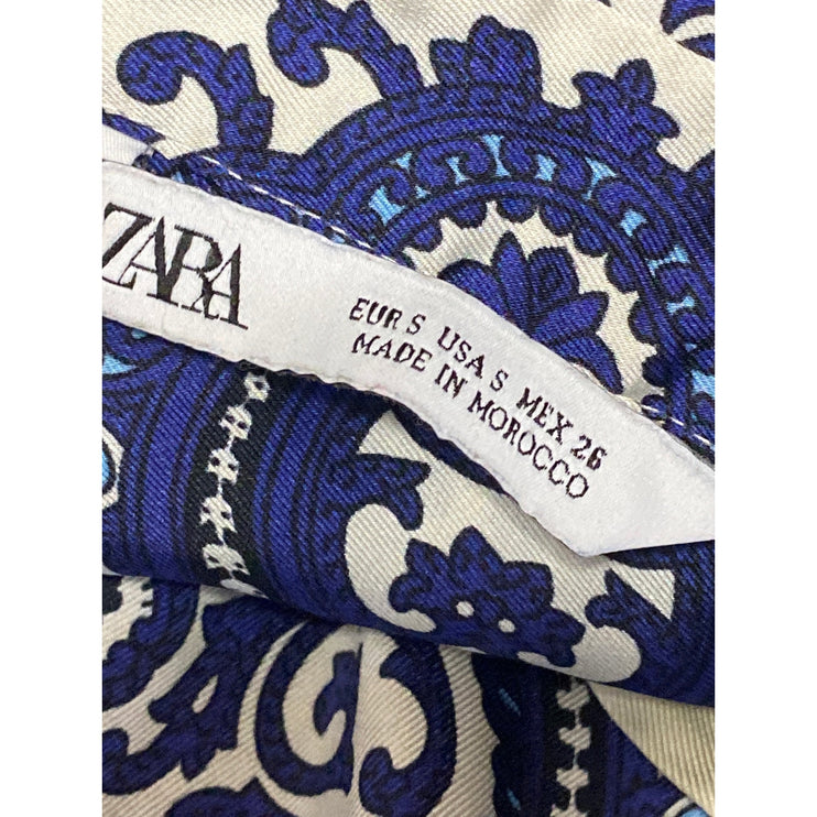 Zara Women's Blue Silky Satin Paisley Collared Button Down Shirt Blouse Top Sz S