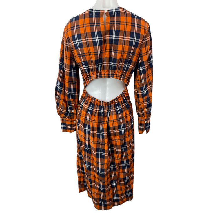 Staud Crosshill Multicolor Plaid Twist Front Long Sleeve Midi A-Line Dress Sz M