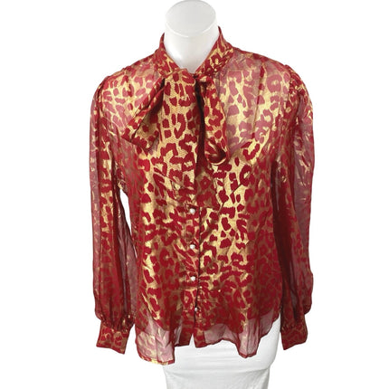 Flying Tomato Red Gold Leopard Semi Sheer Tie Long Sleeve Button Up Shirt Top S