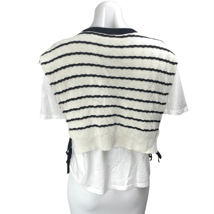 Zara Women's White Black Striped Overlay Short Sleeve Swaeter Vest Top Size M