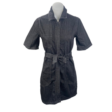 French Connection Black Short Sleeve Full Zip Belted Denim Jean Shirt Dress Sz 2