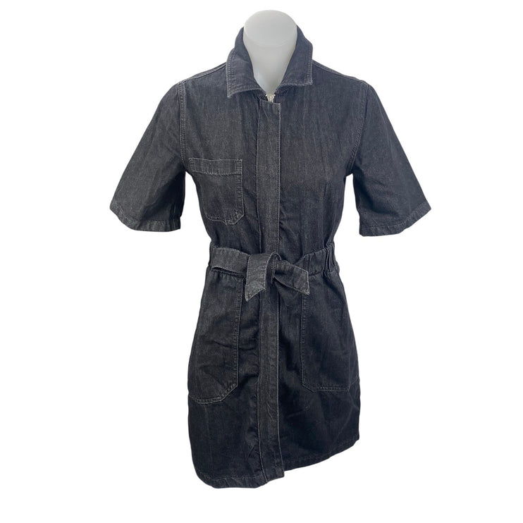 French Connection Black Short Sleeve Full Zip Belted Denim Jean Shirt Dress Sz 2