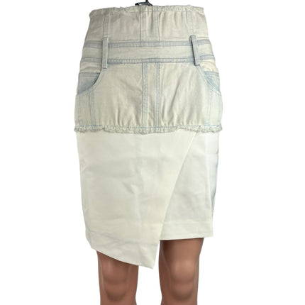 Women's White Denim Layered Mixed Fabric High Waisted Pencil Mini Skirt Size S