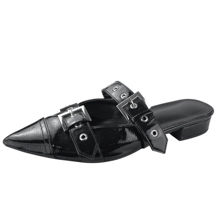 Shoe Dazzle Yasmeen Black Faux Patent Leather Buckle Strap Flats Mules Size 7.5