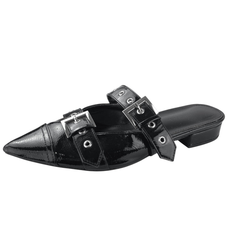 Shoe Dazzle Yasmeen Black Faux Patent Leather Buckle Strap Flats Mules Size 7.5
