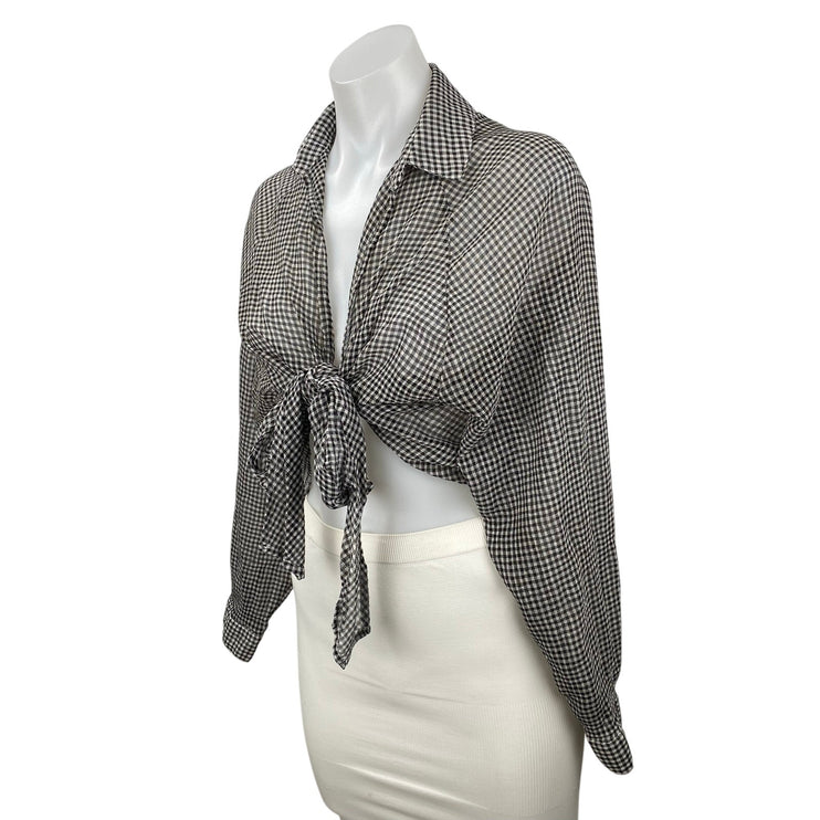 Emory Park Black Gingham Check Long Sleeve Tie Cropped Blouse Shirt Top Size M