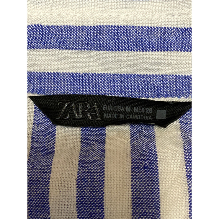 Zara Women's Blue Striped Long Sleeve V Neck Button Down Blouse Shirt Top Size M