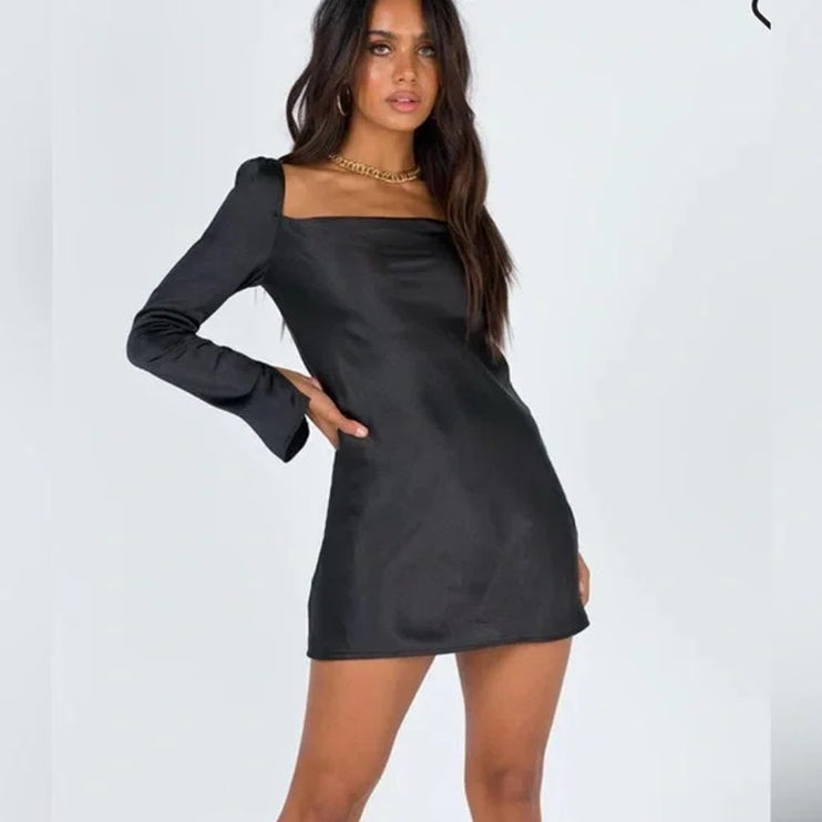 Princess Polly Black Silk Satin Long Sleeve Cowl Neck Mini Slip Dress Size 4