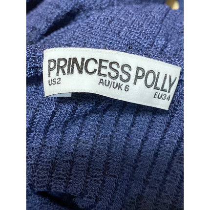 Princess Polly Women's Navy Blue Ribbed Knit Smocked Long Sleeve Sweater Top 2