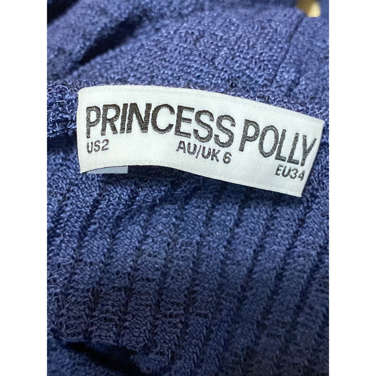 Princess Polly Women's Navy Blue Ribbed Knit Smocked Long Sleeve Sweater Top 2