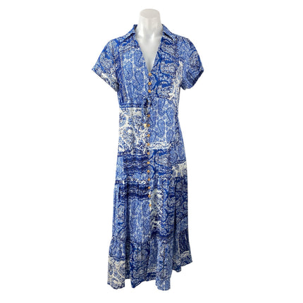 ZARA Blue White Paisley Short Sleeve Button Down Collared Midi Shirt Dress Sz S