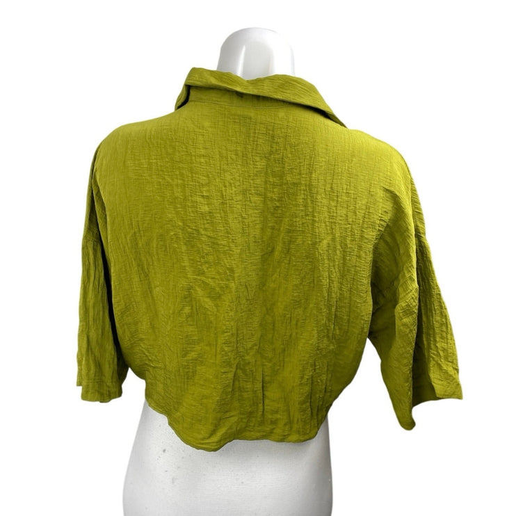 H&M Women's Green Short Sleeve V Neck Collared Tie Hem Shirt Crop Top Size S