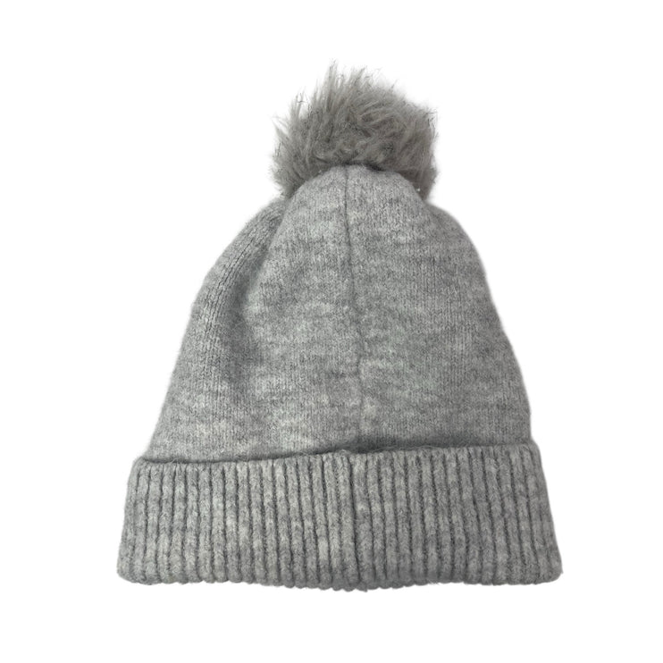 Joy Susan Women's Gray Knit Fleece Lined Ribbed Cuffed Pom Pom Beanie Hat OS