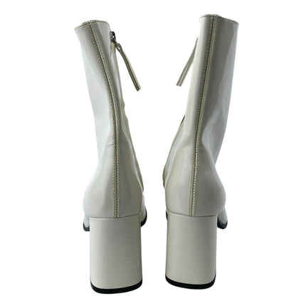 Reformation White Patent Leather Block Heel Square Toe Zip Up Mid Calf Boots 9