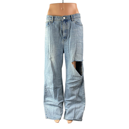 12th Tribe Women's Blue Distressed High Waist Baggy Wide Leg Denim Jeans Pants L