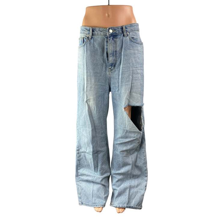 12th Tribe Women's Blue Distressed High Waist Baggy Wide Leg Denim Jeans Pants L
