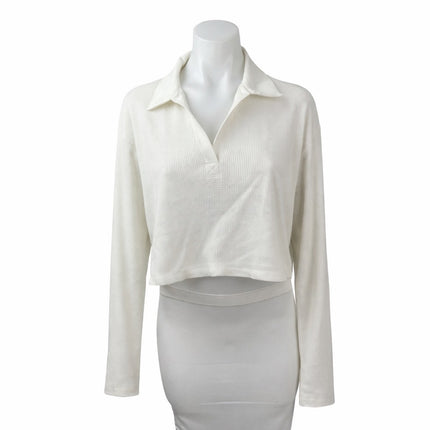 The Range Stark Waffle Womens White Collared Long Sleeve Crop Polo T-Shirt Top S