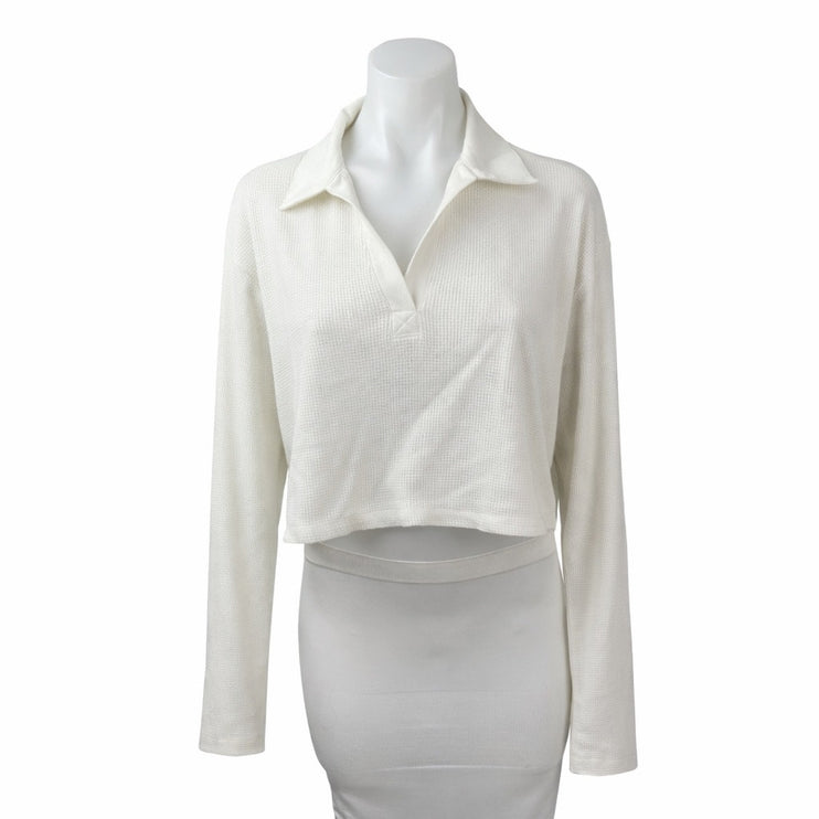 The Range Stark Waffle Womens White Collared Long Sleeve Crop Polo T-Shirt Top S