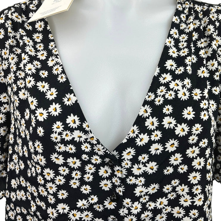 NEW Sezane Black White Daisy Floral Soft V Neck Short Sleeve Blouse Top Size 10