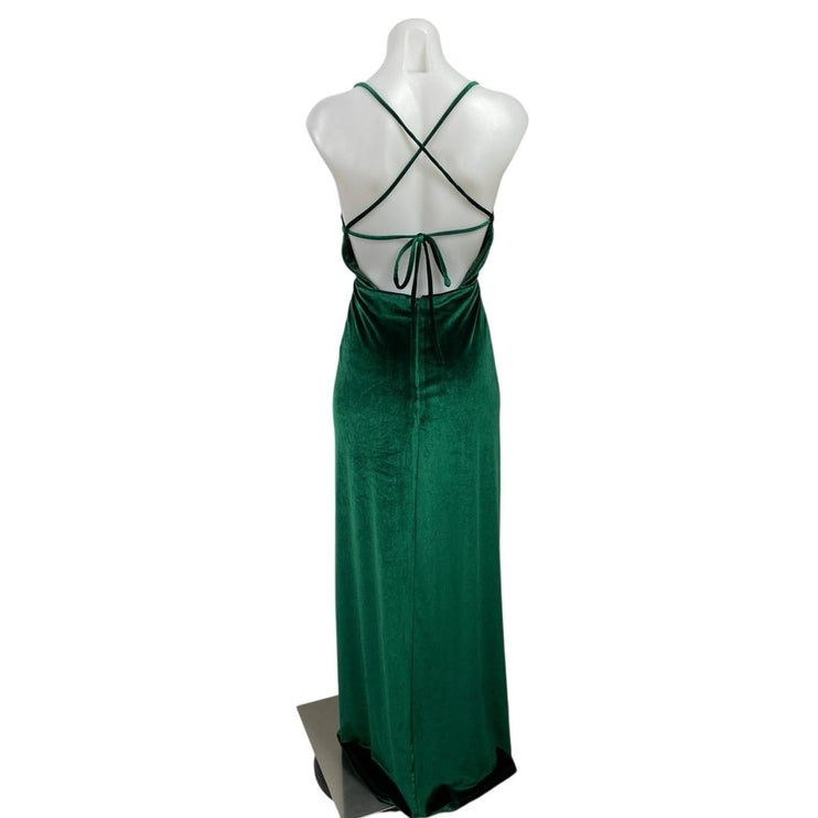 Tobi Green Velvet Velour Sleeveless V Neck Strappy Faux Wrap Maxi Dress Size XS