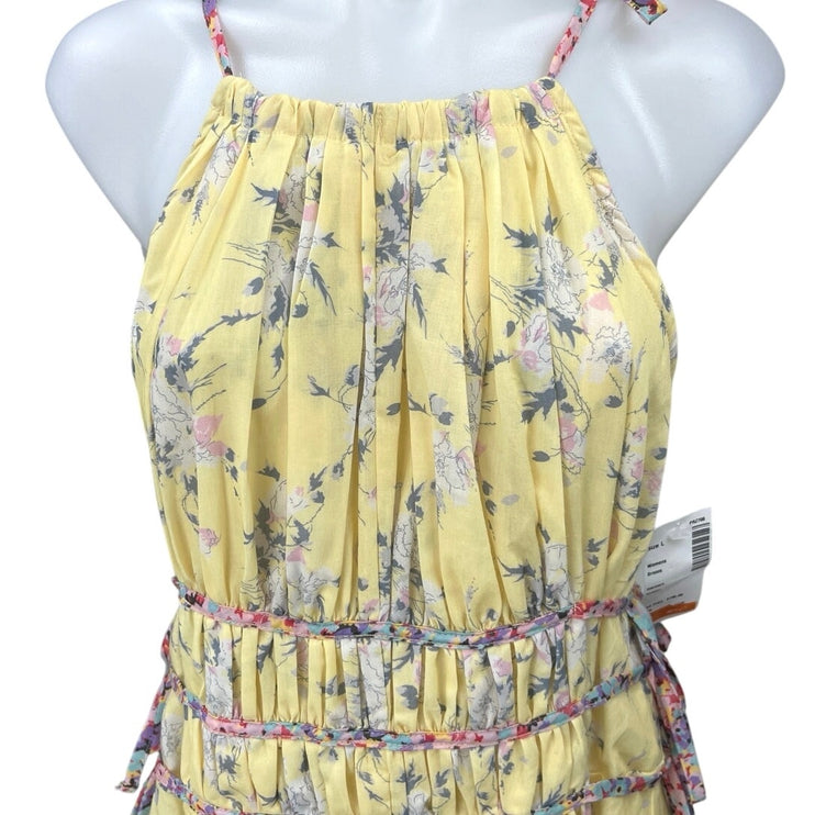 NEW 70°F/21°C Yellow Floral Sleeveless Tie Waist Halter Mini Blouson Dress Sz L