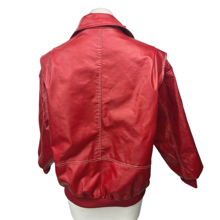 Women's Red Faux Vegan Leather Zip Up Collar Oversized Moto Jacket Coat Size S