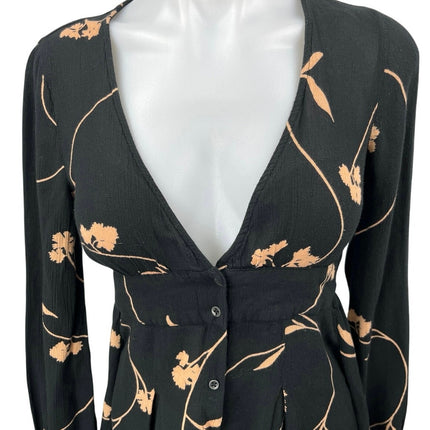 Billabong Black Beige Your Love Floral Long Sleeve Button-Up Skater Mini Dress S