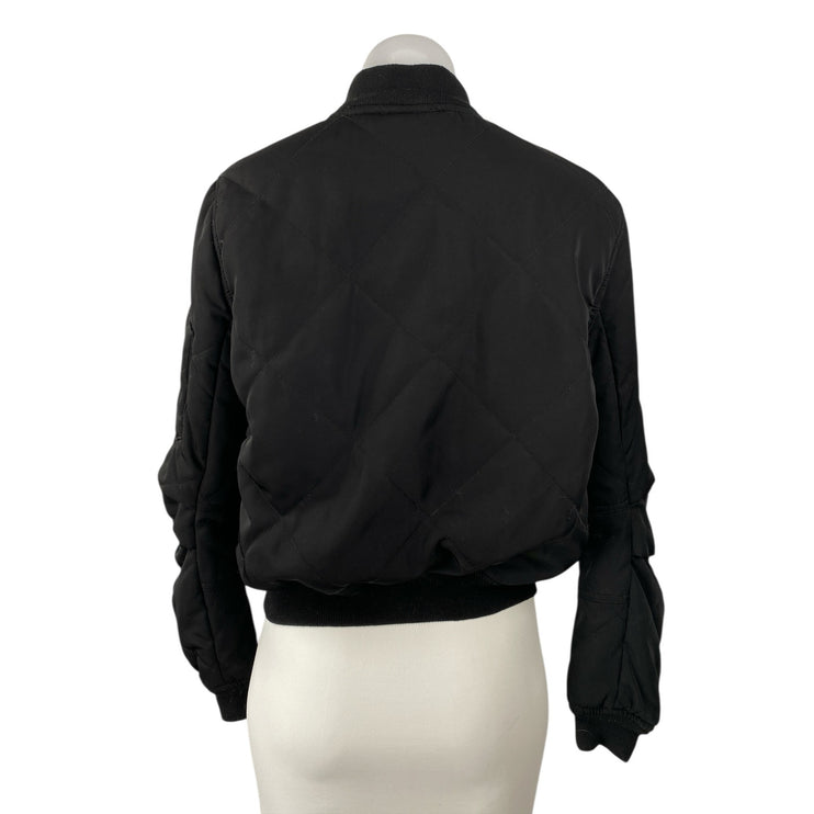 Aqua Women's Black Quilted Full Zip Ruched Long Sleeve Bomber Coat Jacket Size S