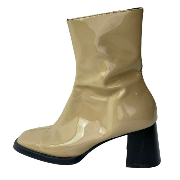 E8 by Miista Beige Patent Leather Block Heel Square Toe Zip Up Ankle Boots 7.5