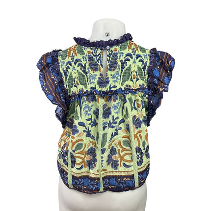 FARM Rio Ocean Tapestry Green Blue Sleeveless Floral Ruffles Blouse Top Sz XL